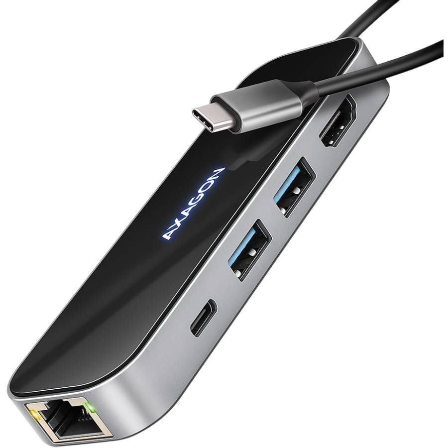 Док-станція AXAGON USB-C GLASS 6 In1 Hub Black/Grey (HMC-6GLN