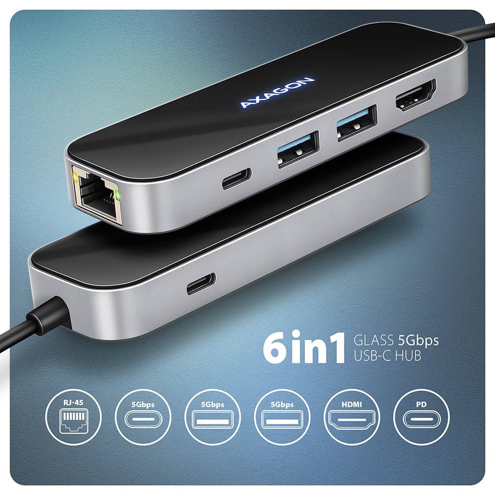 Док-станція AXAGON USB-C GLASS 6 In1 Hub Black/Grey (HMC-6GLN Тип док-станція