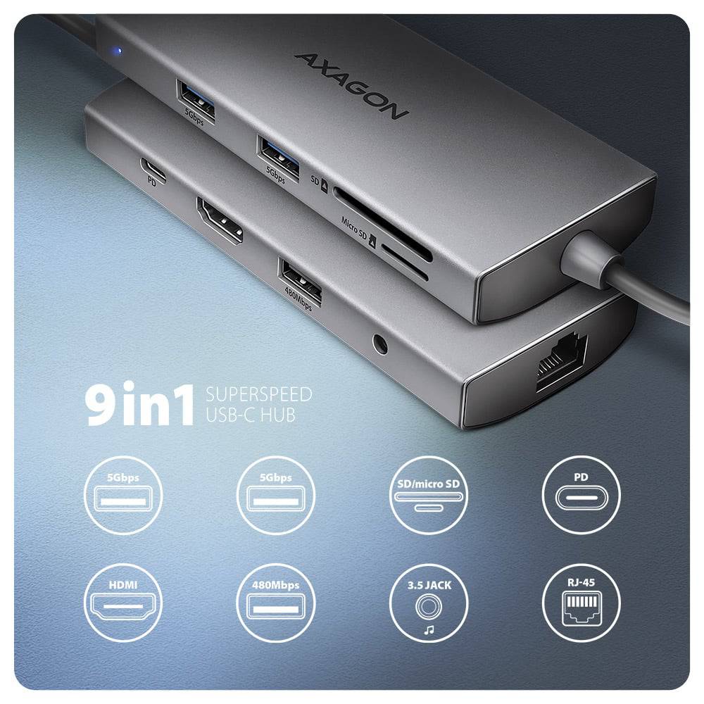 Док-станція AXAGON USB-C 9 In1 Hub Grey (HMC-8HLSA) Інтерфейс підключення USB Type-C