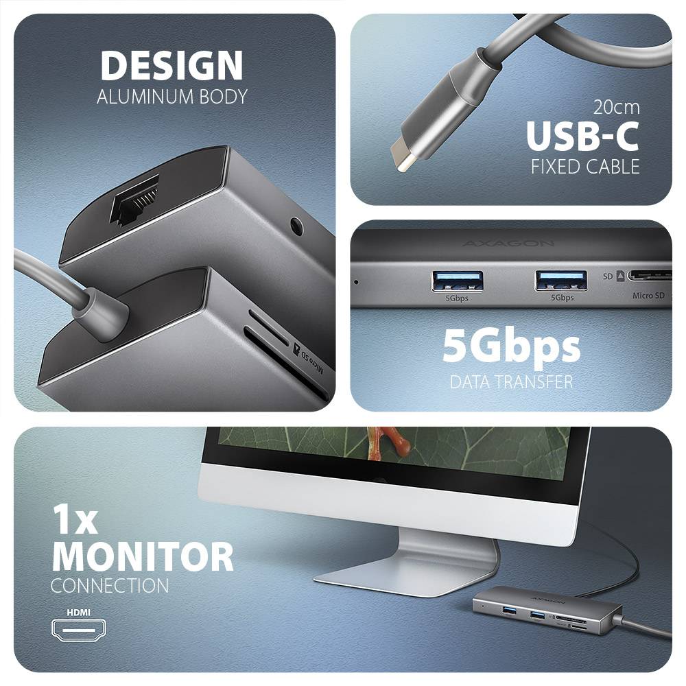 Фото Док-станція AXAGON USB-C 9 In1 Hub Grey (HMC-8HLSA)