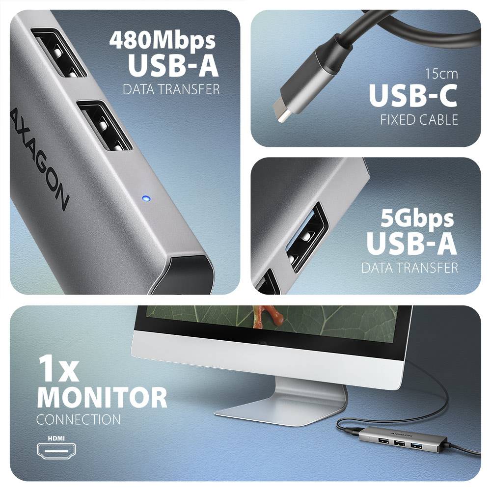Док-станція AXAGON USB-C STARTER 4 In1 Hub Grey (HMC-H3A) Тип док-станція