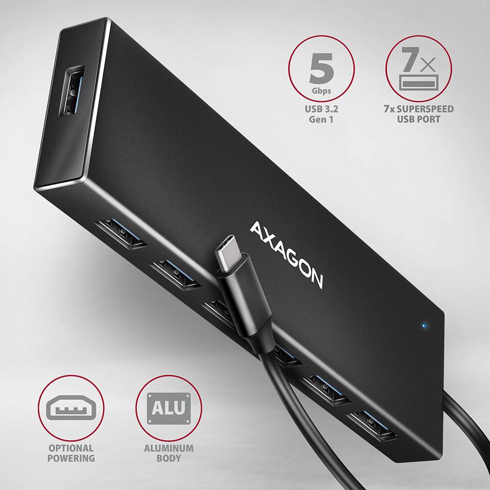 USB-хаб AXAGON SuperSpeed USB-C FLAT CHARGING Hub USB-C Black (HUE-F7C) Інтерфейс підключення USB Type-C