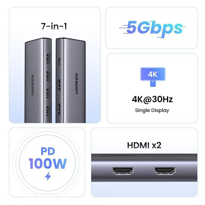 Док-станція UGREEN CM498 7-in-1 Grey (35897) Інтерфейс підключення USB Type-C