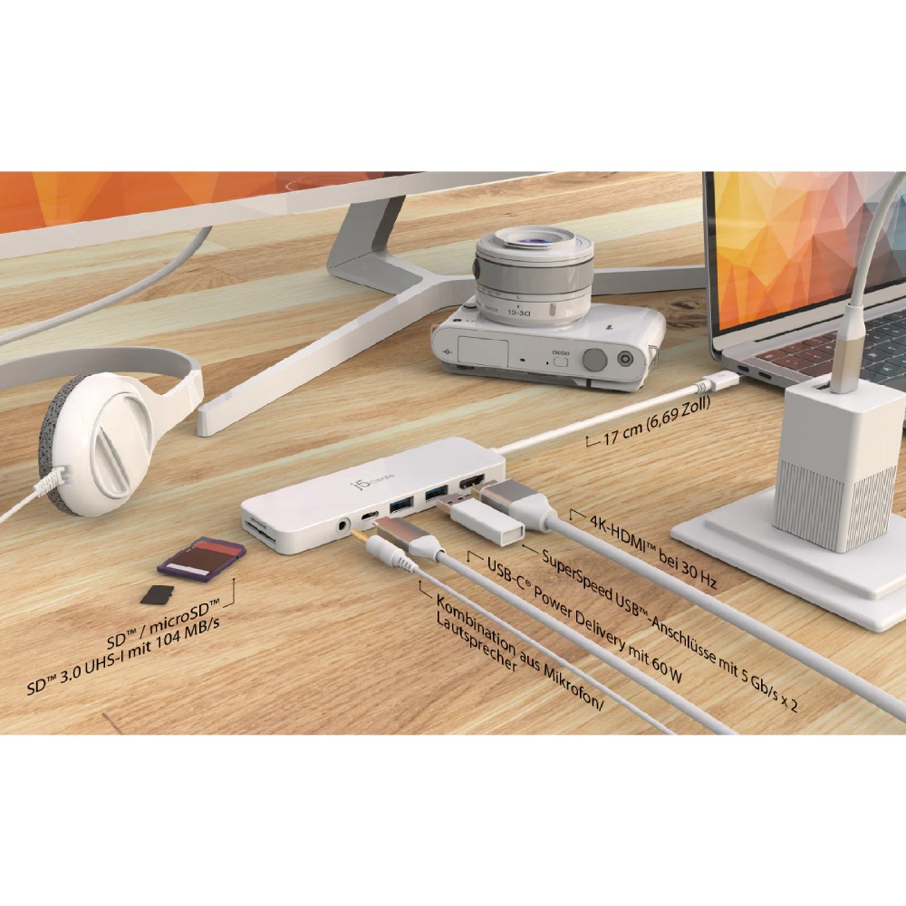 Док-станція J5CREATE JCD373-N 6 в 1 White Додаткові роз'єми HDMI