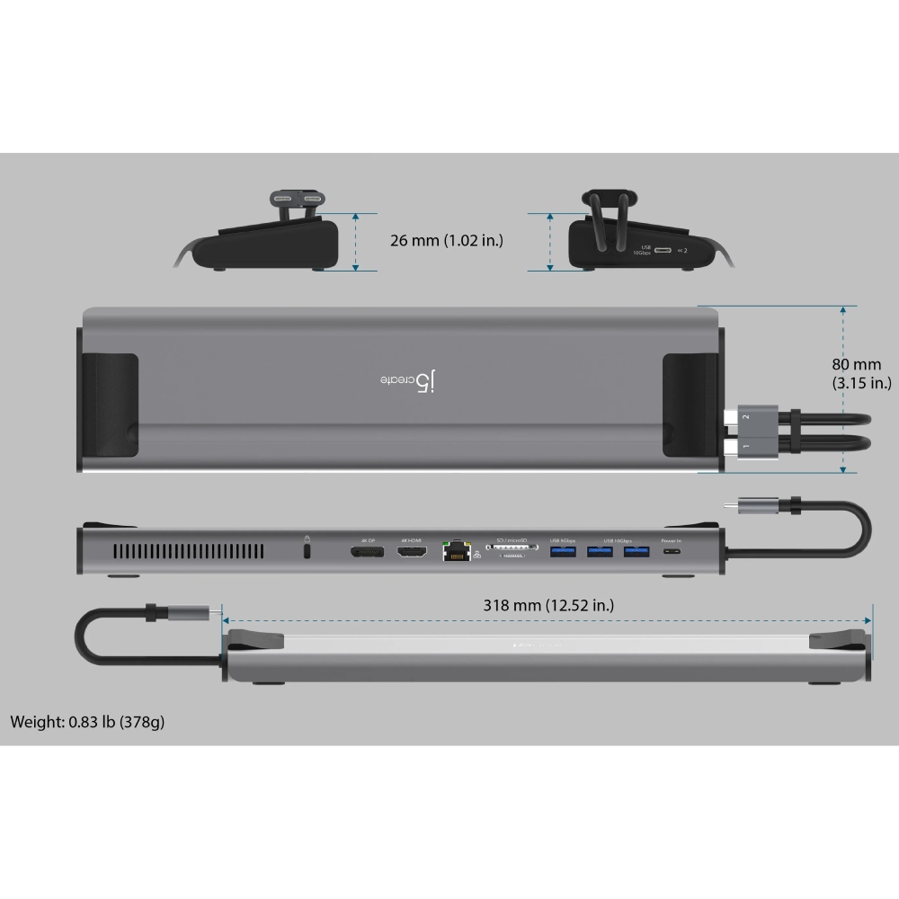 Док-станція J5CREATE JCD552-N 12 в 1 Space Grey/Black Інтерфейс підключення USB Type-C