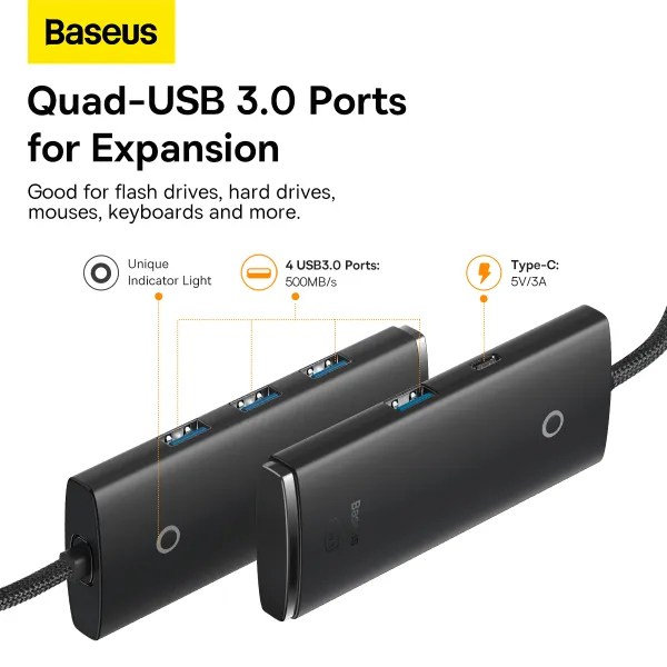 Внешний вид USB-хаб BASEUS Lite Series 25 см Black (WKQX030301)