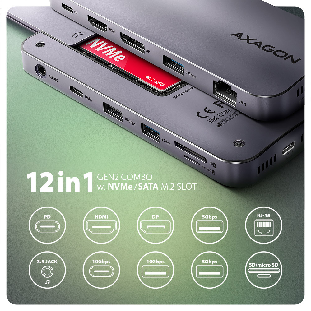 Док-станція AXAGON HMC-12GM2 USB-C GEN2COMBO 12 в 1 Grey Тип док-станція