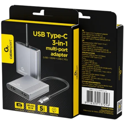 Док-станция CABLEXPERT USB-C 3-в-1 Space Grey (A-CM-COMBO3-04) Дополнительные разъемы HDMI