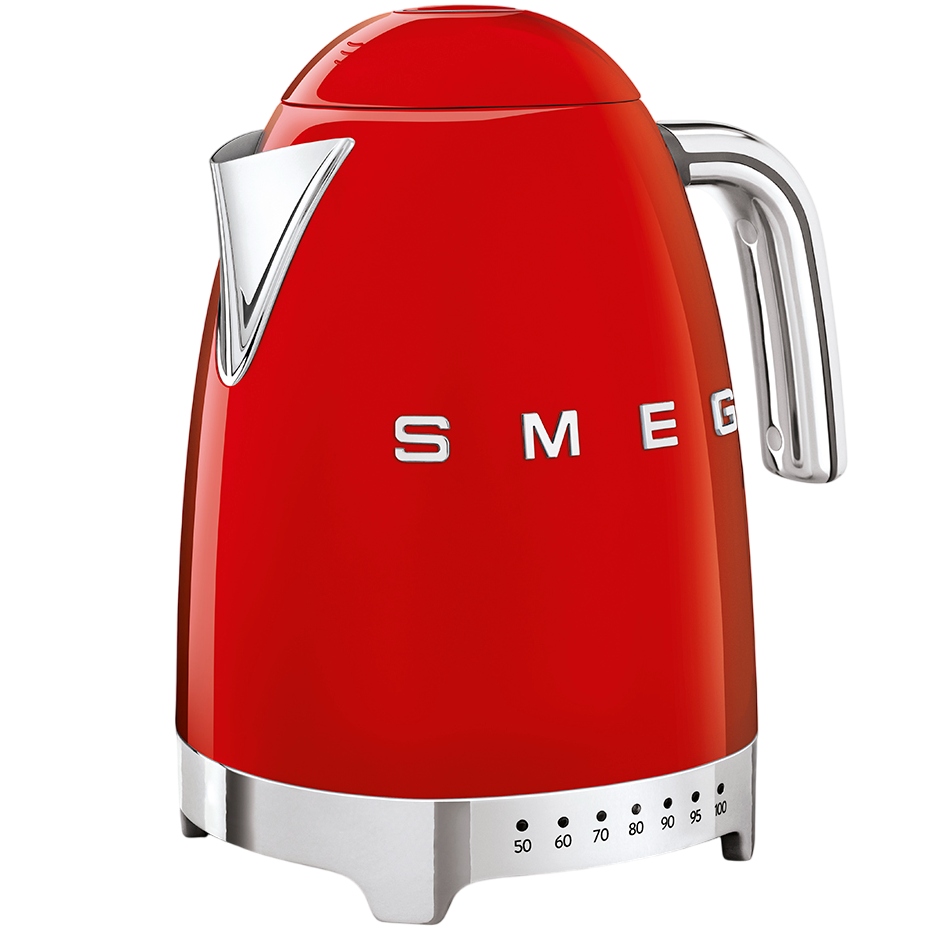 Електрочайник SMEG KLF04RDEU Додатково налаштування температури: 50°C; 60°C; 70°C; 80 ° C; 90°C; 95°C; 100°C; система Soft Opening; основа із можливістю повороту на 360 градусів; автоматичне відключення при досягненні заданої температури; довжина кабелю: 1 м; антиковзні ніжки