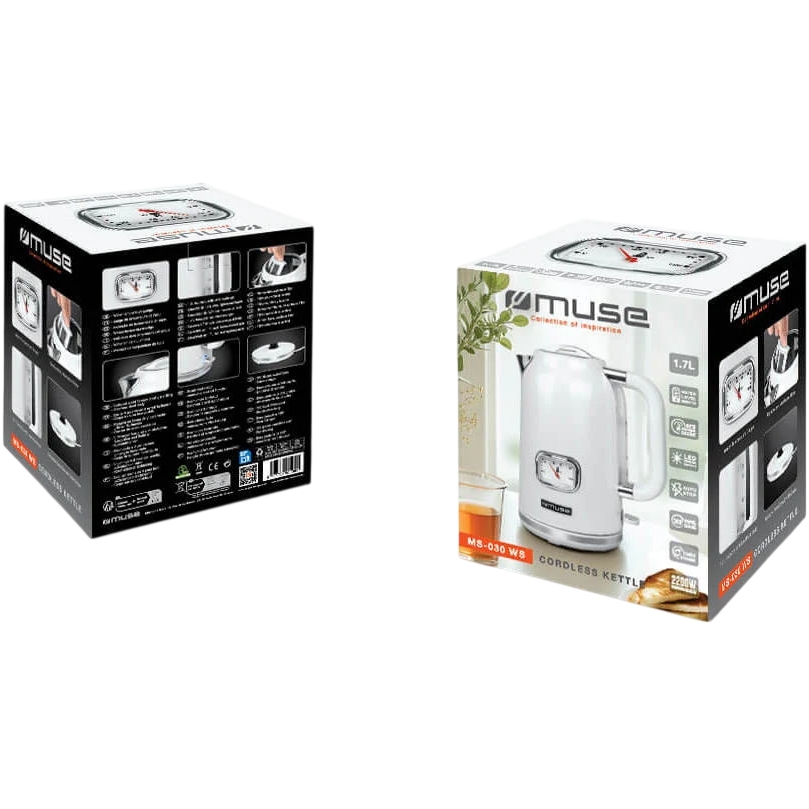 Електрочайник MUSE MS-030 WS Додатково Функція автоматичного вимкнення; Індикатор температури; Відсік для зберігання шнура; Поворотна основа на 360 градусів