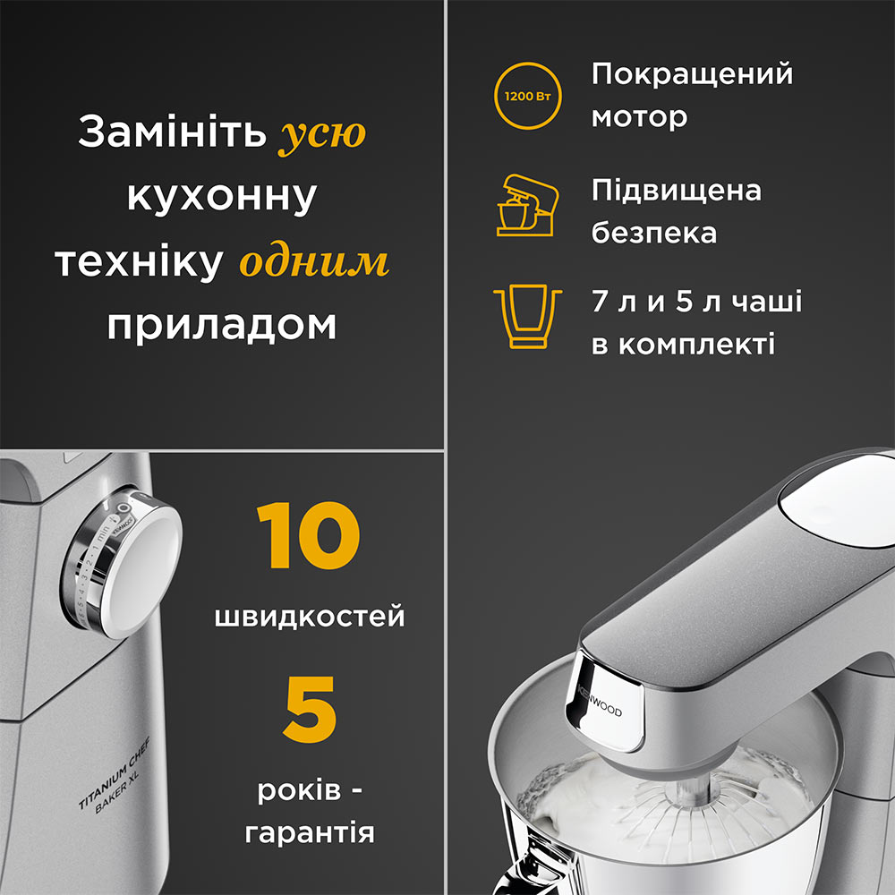 Кухонная машина KENWOOD Titanium Chef Baker XL KVL85.004SI Кухонная машина KENWOOD Titanium Chef Baker XL KVL85.004SI Комплектация Кухонная машина; дополнительная чаша 5 л, аксессуары для основной чаши: К-образная насадка; крюк для теста; венчик; гибкий взбиватель