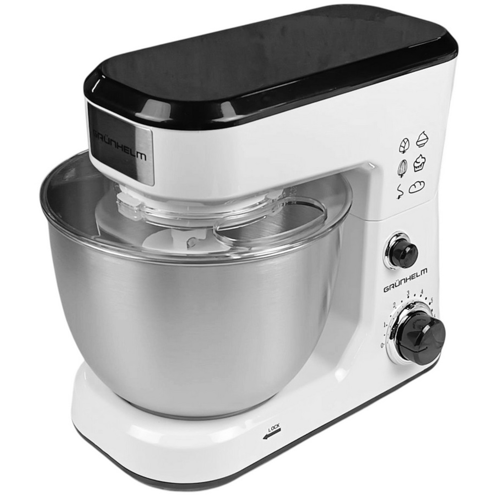 Кухонная машина GRUNHELM GKM0010 (132026) Комплектация кухонная машина, чаша, крюк для замешивания теста, плоская насадка для взбивания, венчик, защитная крышка, инструкция