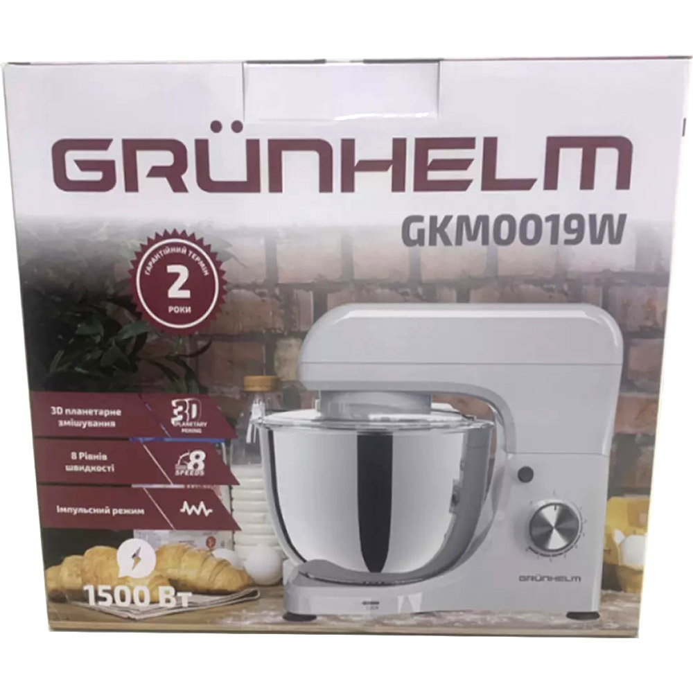 Кухонная машина GRUNHELM GKM0019W Комплектация Основной блок; Насадка крюк; Насадка венчик – 2 шт; Металлическая чаша; Крышка для чаши