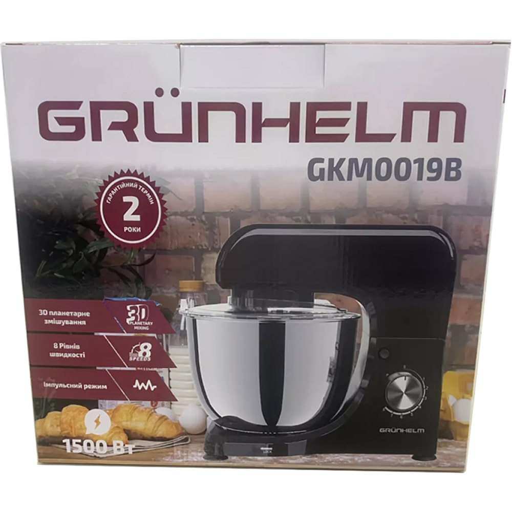 Кухонная машина GRUNHELM GKM0019B Комплектация Основной блок; Насадка крюк; Насадка венчик – 2 шт; Металлическая чаша; Крышка для чаши