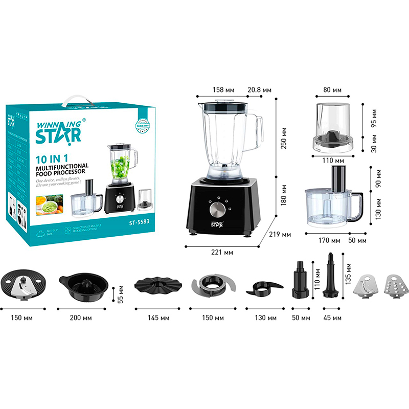 Кухонний комбайн WINNINGSTAR ST-5583 Black Комплектація Блендерна чаша 1.8 л; Процесорна чаша 1.4 л; Ножі для подрібнення та м'яса; Диски: слайсер, терка, фрі; Насадки: віночок, тістоміс, емульгатор; Цитрус-прес (тарілка+конус); Товкач, адаптери, тримачі