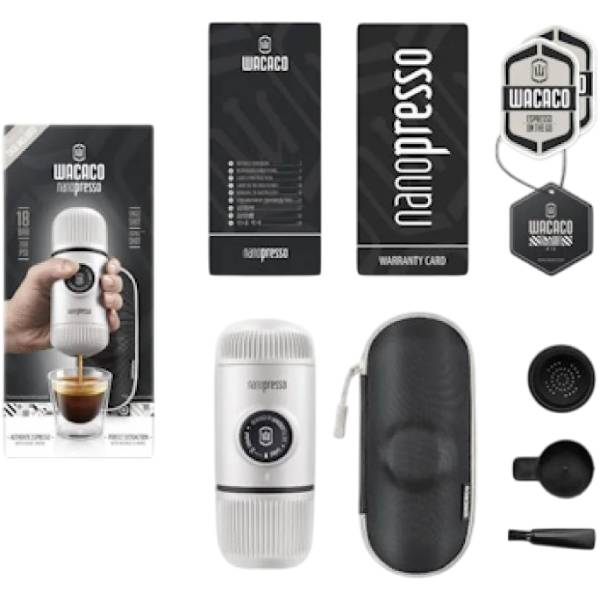 Портативная кофеварка WACACO Nanopresso с чехлом White (WNANOWH) Комплектация Wacaco Nanopresso, фильтр, чашка для эспрессо, мерная лопатка, щеточка для чистки конструкции, чехол для хранения, инструкция