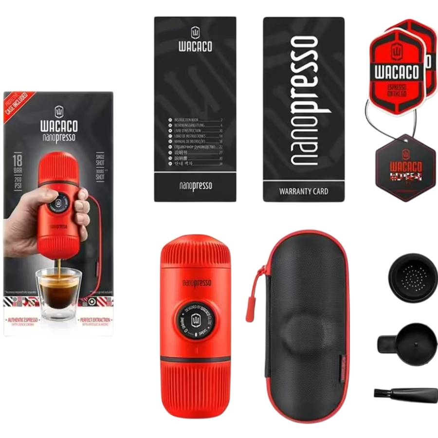 Портативна кавоварка WACACO Nanopresso з чохлом Red (WNANORED) Комплектація Wacaco Nanopresso, фільтр, чашка для еспресо, мірна лопатка, щіточка для чищення конструкції, чохол для зберігання, інструкція