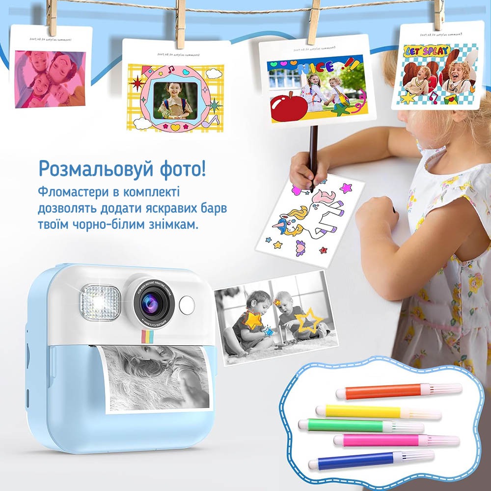 В Україні Дитячий фотоапарат COLORWAY з функцією моментального друку Blue (CW-PHP01B)