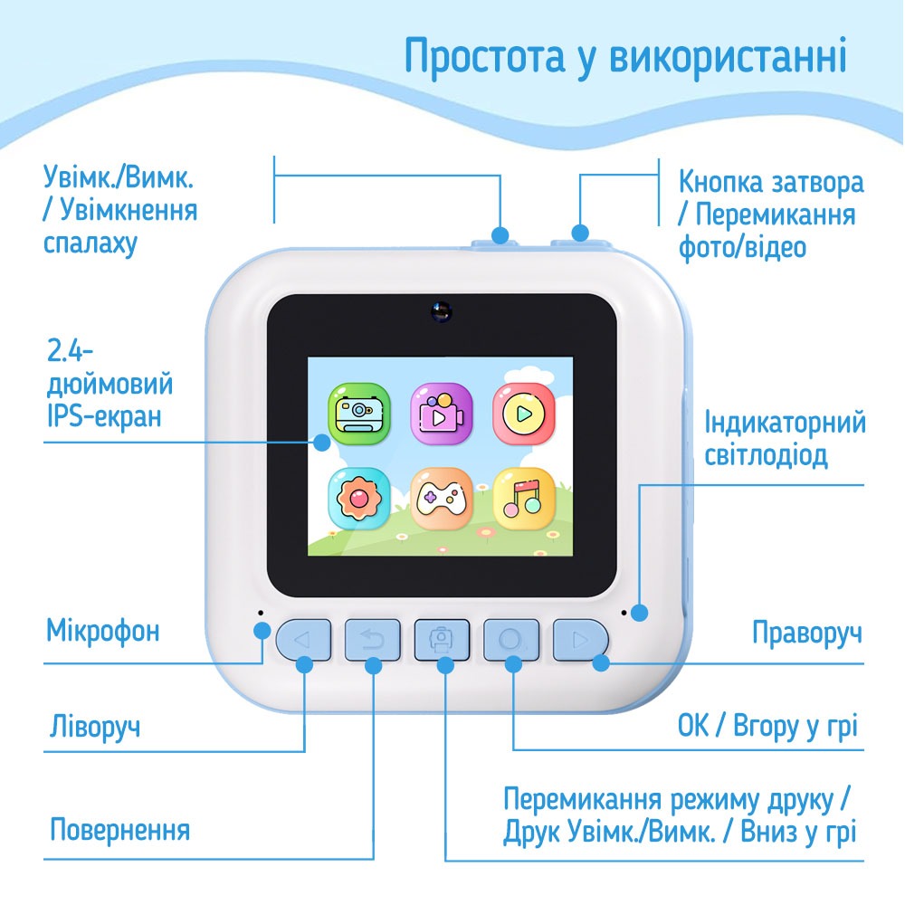 Зовнішній вигляд Дитячий фотоапарат COLORWAY з функцією моментального друку Blue (CW-PHP01B)