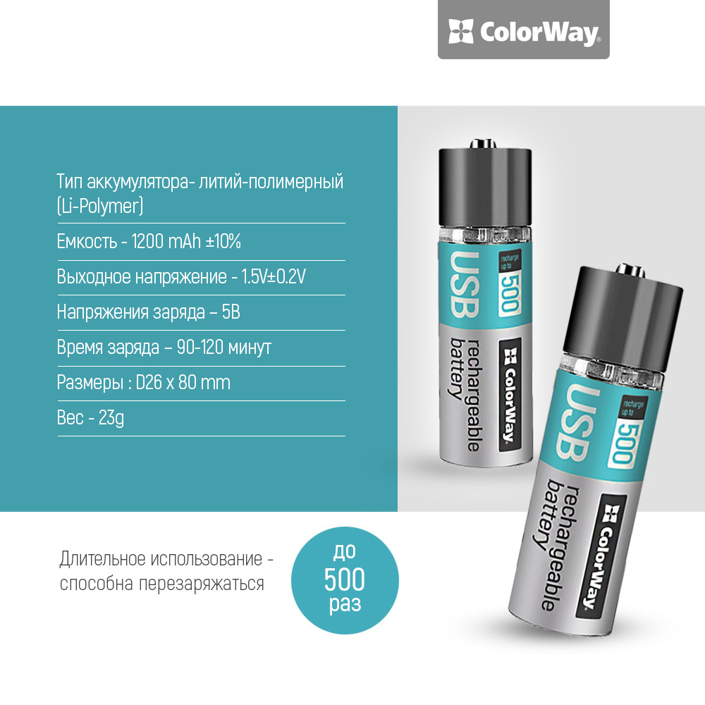 Акумулятори COLORWAY AA USB 1200 мАг 1.5В 2 шт (CW-UBAA-02) Розмір батареї циліндр AA (R6,316)