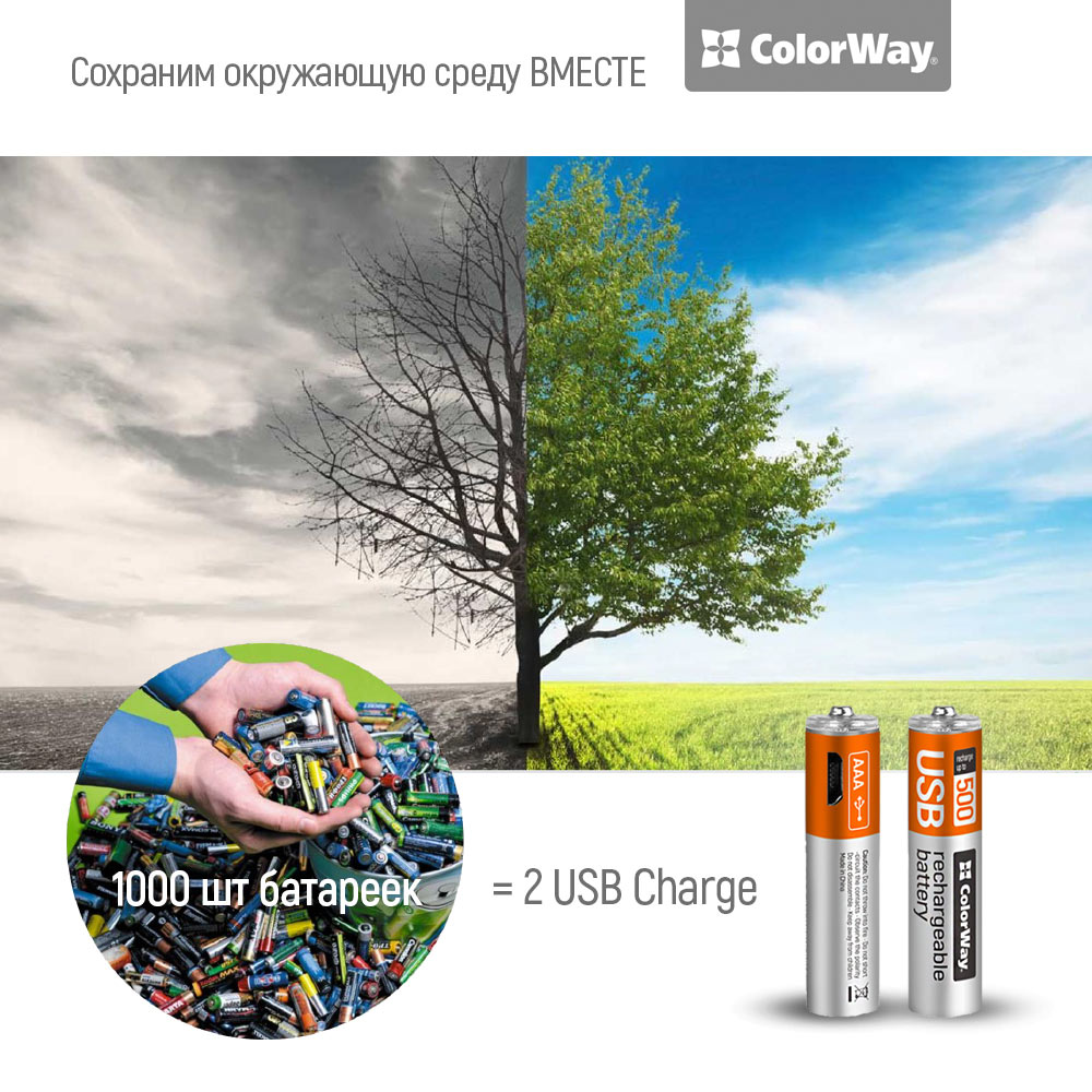 В Україні Акумулятори COLORWAY AAА micro-USB 400 мАг 1.5В 2 шт (CW-UBAAA-01)