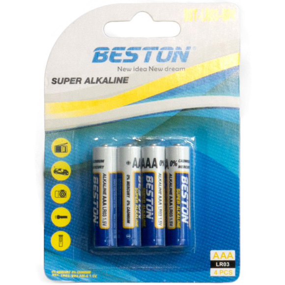 

Батарейки BESTON AAA 1.5V Alkaline 4шт (AAB1833), Батарейка AAA 1.5V Alkaline, 4шт