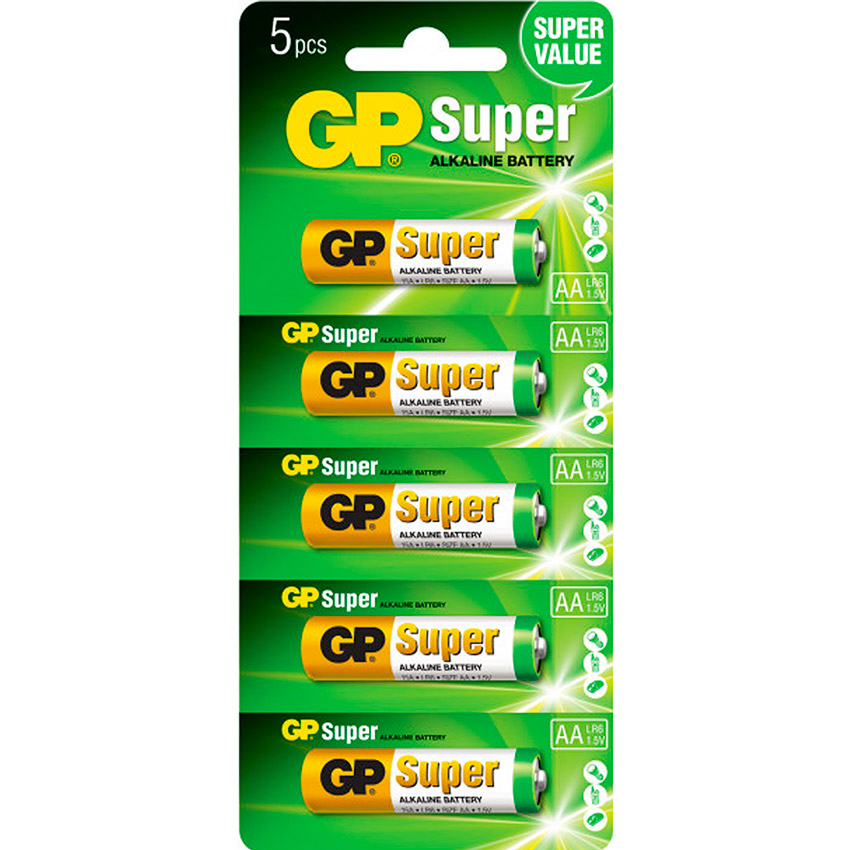 

Батарейки GP LR6/AA Super Alkaline 1.5V 5 шт (15A-UR5), LR6/AA, 1.5V, Super Alkaline, Blister/5pcs
