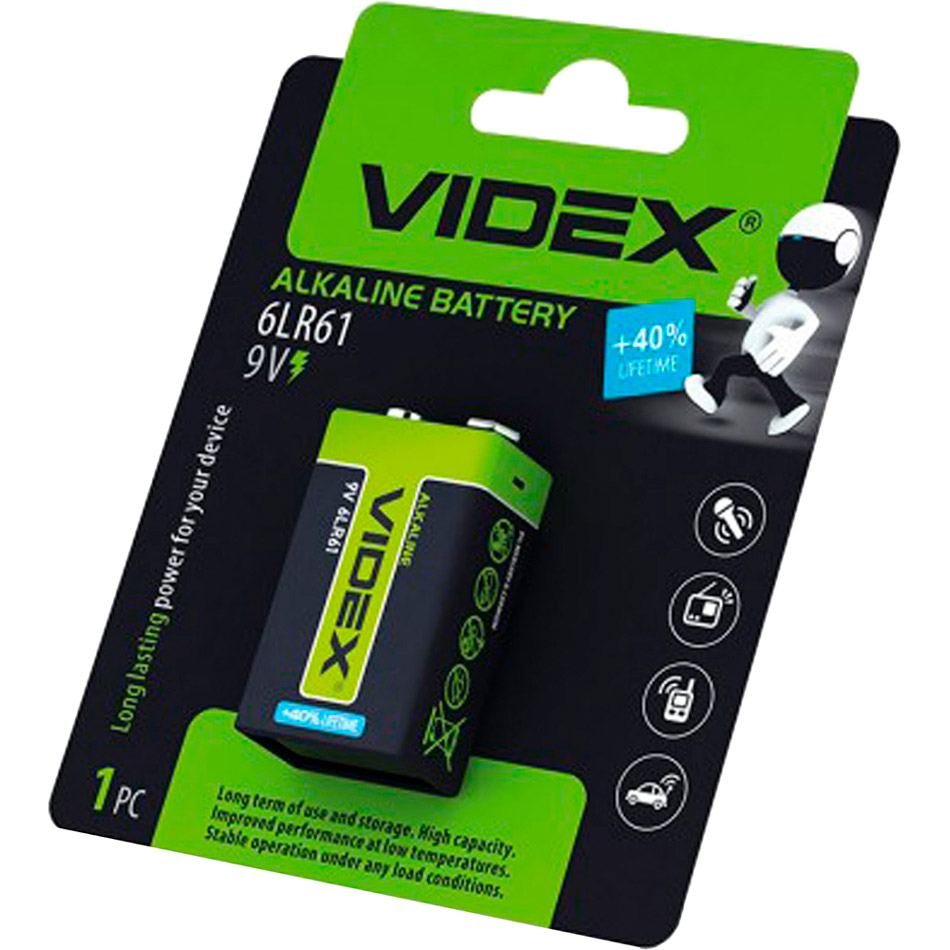 

Батарейка VIDEX 6LR61/9V (23235), 6LR61/9V (Крона), Лужна, Blister/1pcs