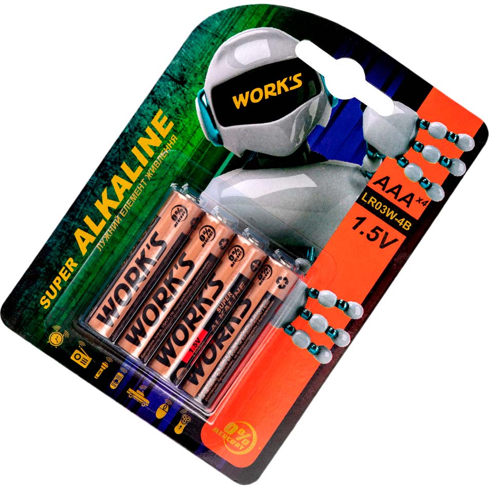 

Батарейки WORK'S ALKALINE LR03W-4B/AAA/4шт блистер (107703), Батарейка лужна ALKALINE LR03W-4B/AAA/4шт блістер