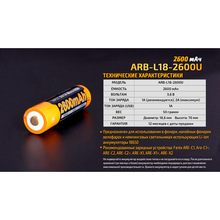 Акумулятор FENIX Li-Ion 18650 micro-USB 2600 мАг 1 шт (ARB-L18-2600U)
