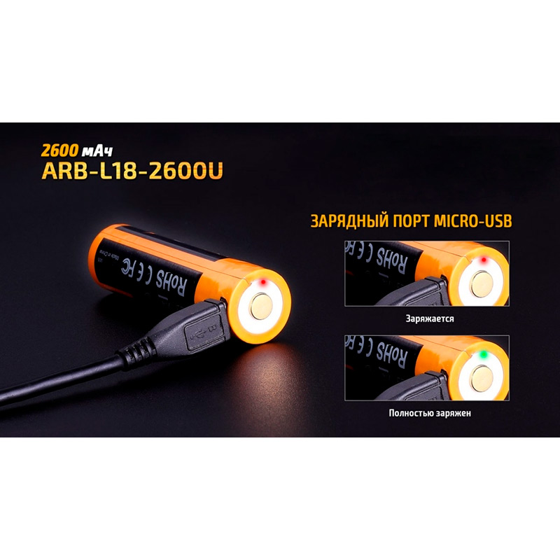 Зовнішній вигляд Акумулятор FENIX Li-Ion 18650 micro-USB 2600 мАг 1 шт (ARB-L18-2600U)