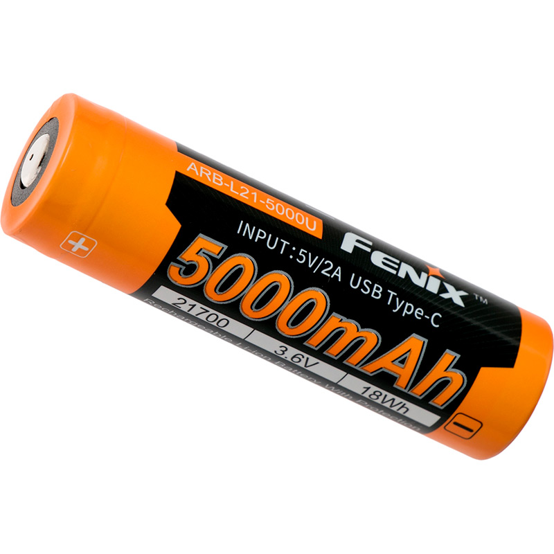 Аккумулятор FENIX Li-Ion 21700 micro-USB 5000 мАч 1 шт (ARB-L21-5000U) Дополнительно micro-USB разъем; 500 циклов перезарядки; ток заряда: 1 А(рекомендуется), 4 А (максимум); размер: 22 х 76 мм; вес: 70 г