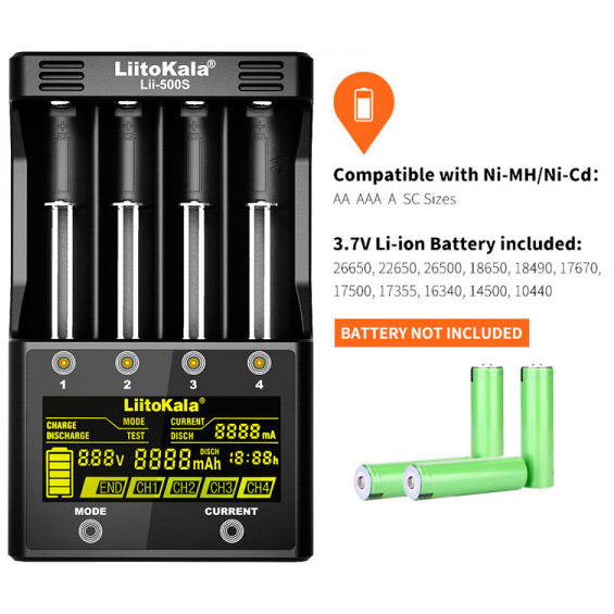 Зарядное устройство LIITOKALA 4 Slots LCD-дисплей (Lii-500S) Дополнительно Типоразмер аккумуляторов: ААА, С, AAAA, АА; Электрохимическая система аккумуляторов: Ni-Mh, Ni-Cd, Li-ion; Питание: от сети; Индикация зарядки: дисплей; Количество одновременно заряжаемых аккумуляторов: 4; Отдельный канал для заряда каждого аккумулятора
