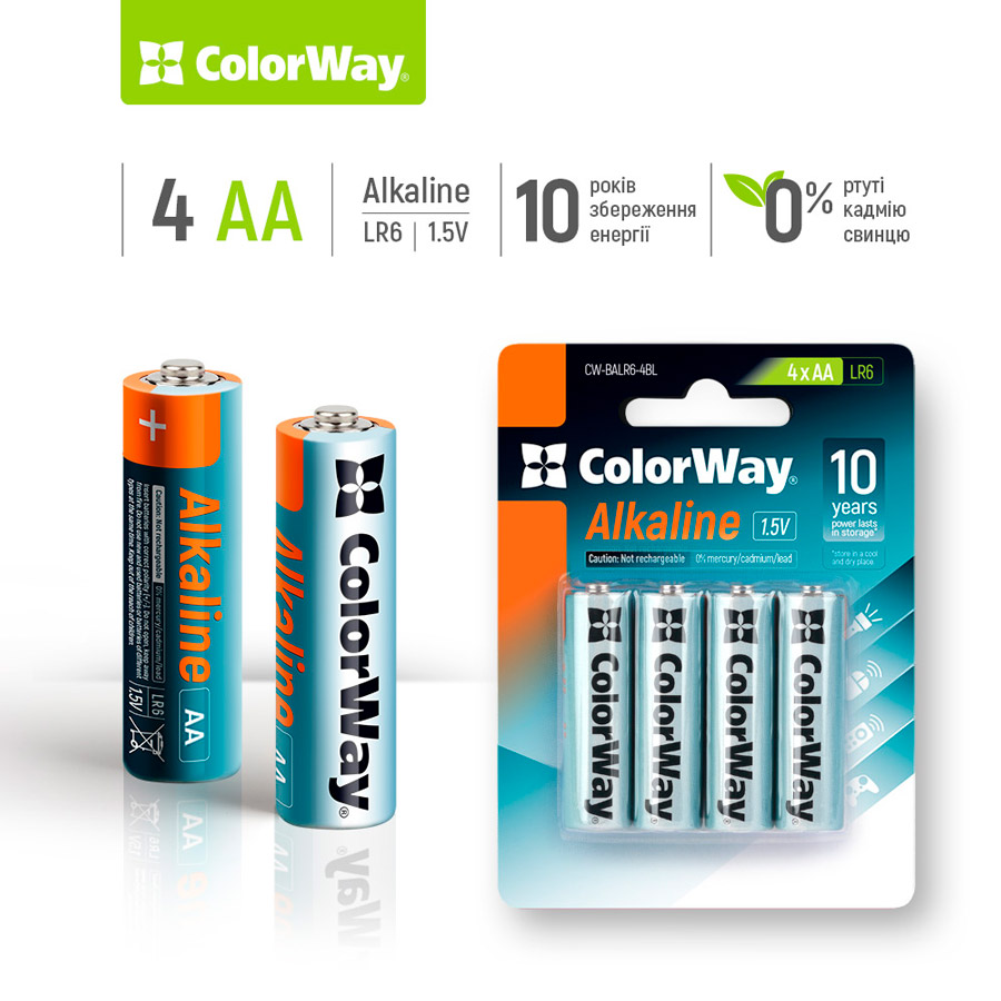 Батарейки COLORWAY Alkaline Power АА 4 шт (CW-BALR06-4BL) Электрохимическая система щелочная (L)