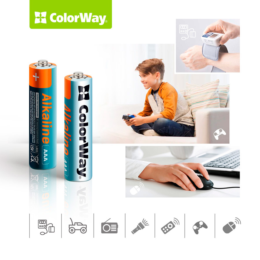 Батарейки COLORWAY Alkaline Power ААА 4 шт (CW-BALR03-4BL) Розмір батареї циліндр AAA (R03,286)