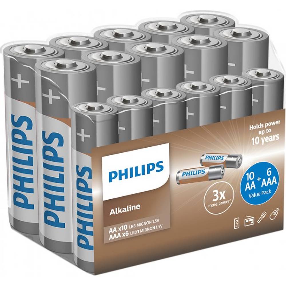 Батарейки PHILIPS AA + AAA Entry Alkaline 1.5V LR6 х 10 шт + LR03 х 6 шт (LR036A16F/10) Електрохімічна система лужна (L)