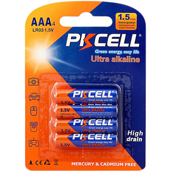 Батарейки PKCELL Ultra Alkaline AAA 4 шт (LR03-4B) Электрохимическая система щелочная (L)