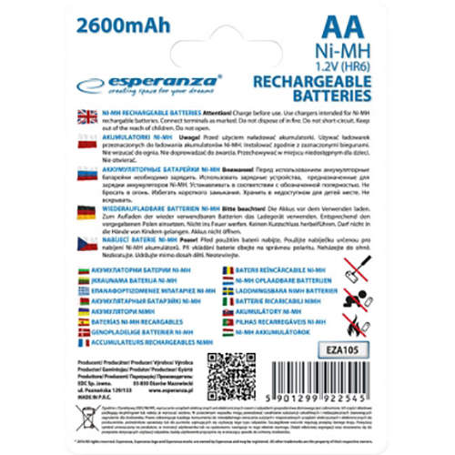 Аккумулятор ESPERANZA Ni-MH AA 2600 mAh 2шт (EZA105) Электрохимическая система никель-металлогидридная (NiMH)