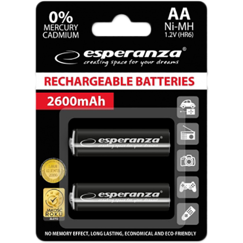 Аккумулятор ESPERANZA Ni-MH AA 2600 mAh 2шт (EZA105) Размер батареи цилиндр AA (R6,316)