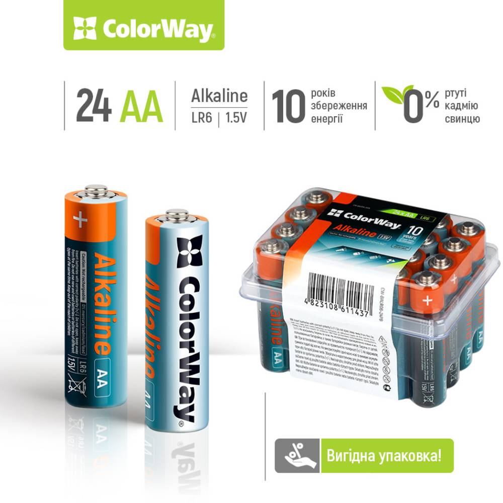 Батарейки COLORWAY Alkaline Power AA/LR06 Plactic Box 24шт (CW-BALR06-24PB) Размер батареи цилиндр AA (R6,316)