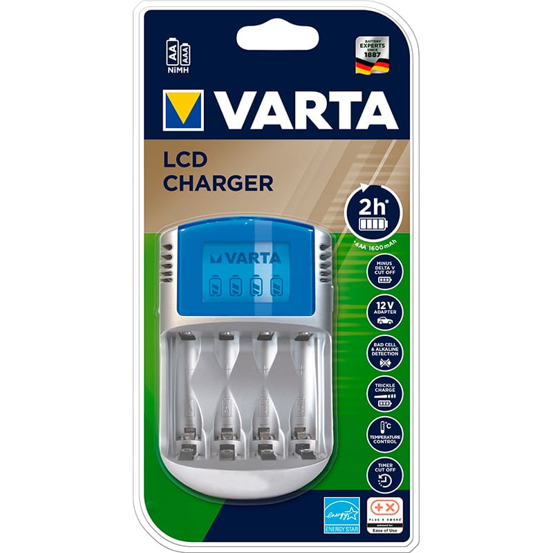 Зарядное устройство VARTA LCD Charger (57070201401) Дополнительно ЖК дисплей; Защита от поврежденных аккумуляторов; Защита от неправильной полярности; Защита от попытки зарядить щелочные батарейки