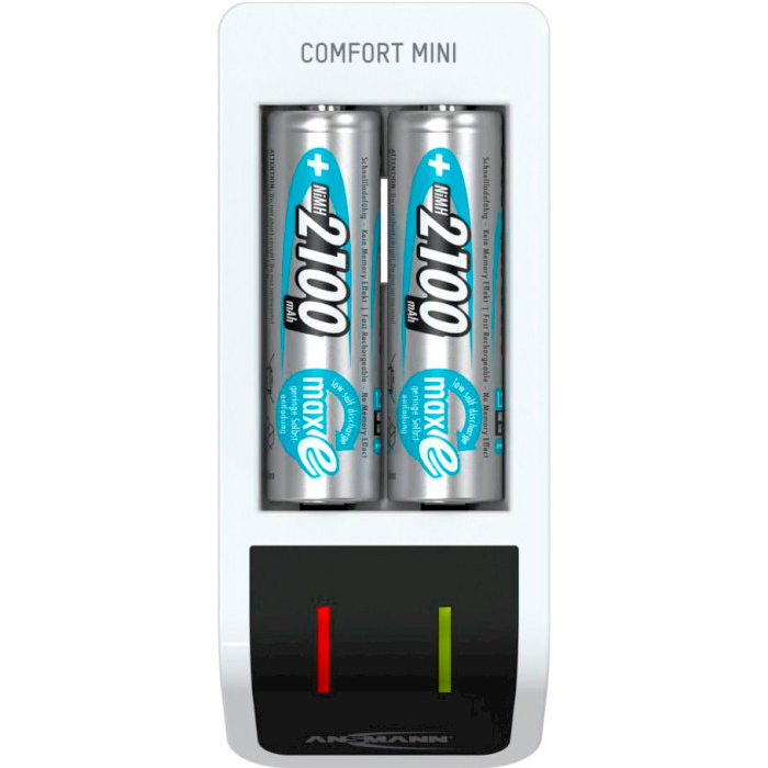 Зарядний пристрій ANSMANN Comfort Mini + 2 x AA 2100 mAh (1001-0091-01) Додатково овместимые аккумуляторы: NiMH AA, AAA; максимальный ток заряда: 800 мА; ток заряда: AA 2 × 800mA, AAA 2 × 400mA; питание: USB 5 В; аккумуляторы в комплекте: 2 x AA 2100 mAh