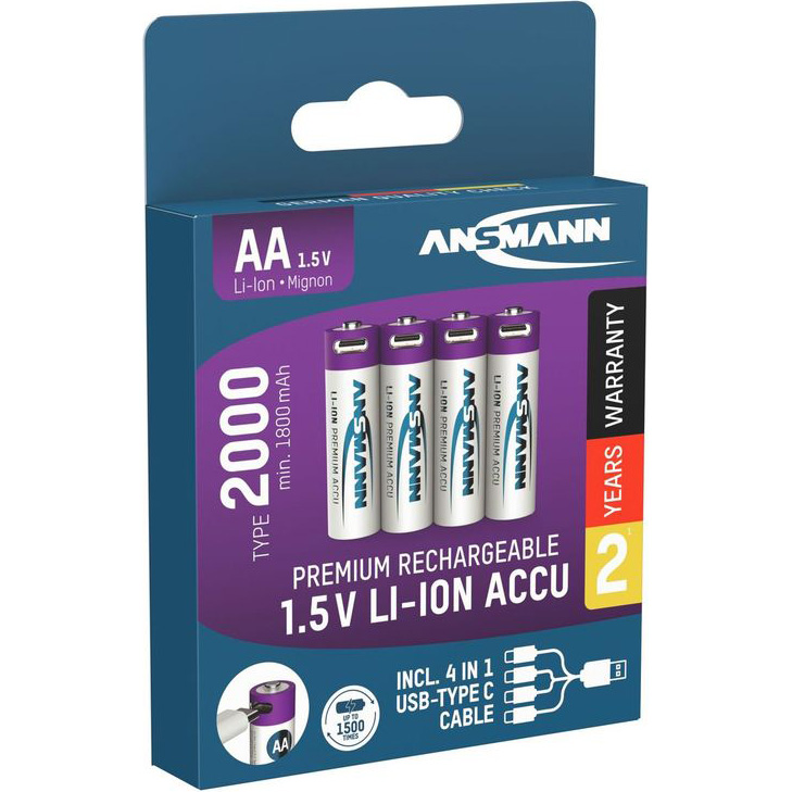 Аккумуляторы ANSMANN AA 2000 mAh 4шт (1312-0036) Размер батареи цилиндр AA (R6,316)