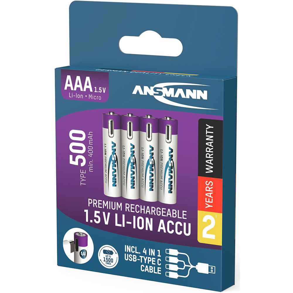 Акумулятори ANSMANN AAA 500 mAh 4шт (1311-0028) Електрохімічна система літій-іонна (Li-ion)