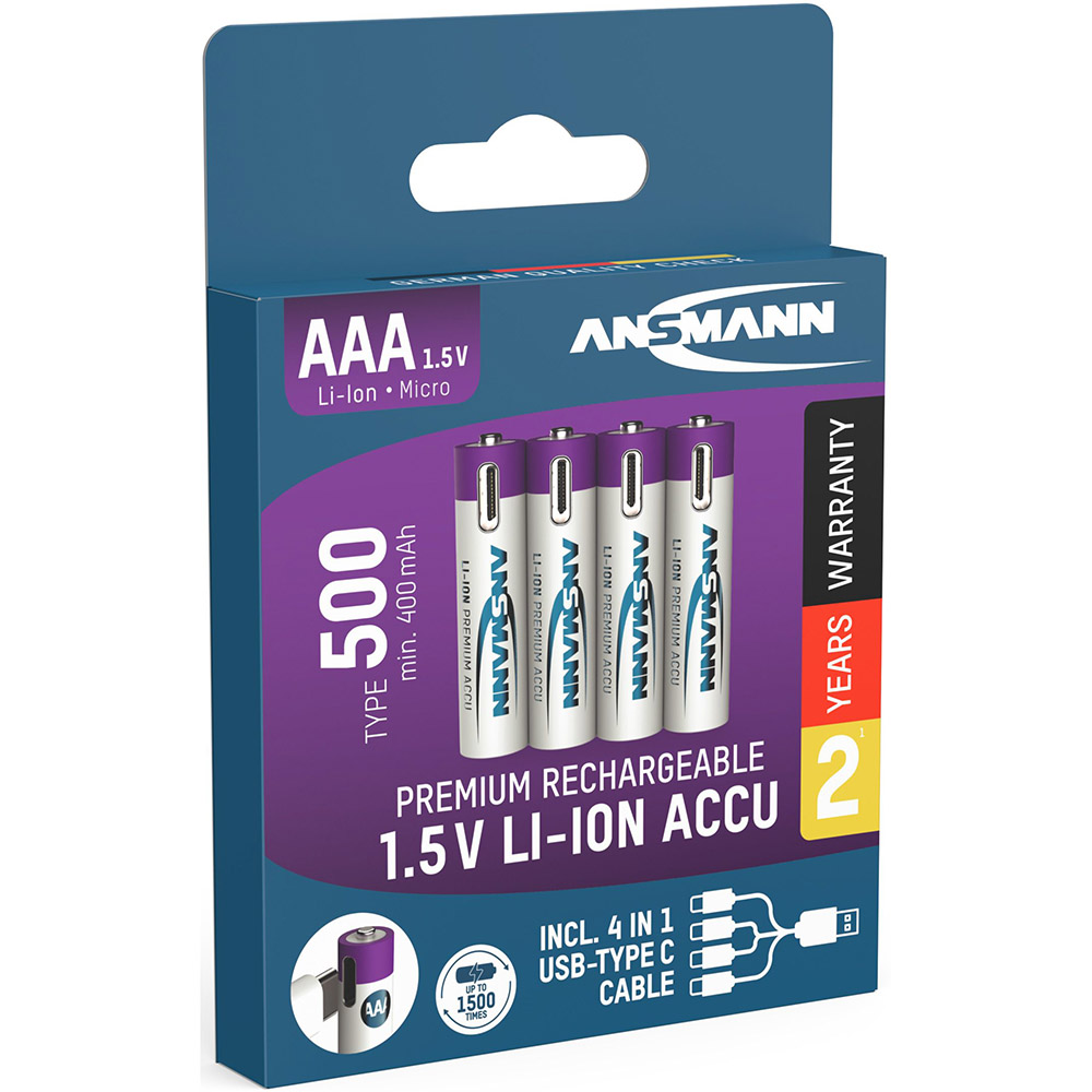 Акумулятори ANSMANN AAA 500 mAh 4шт (1311-0028) Розмір батареї циліндр AAA (R03,286)