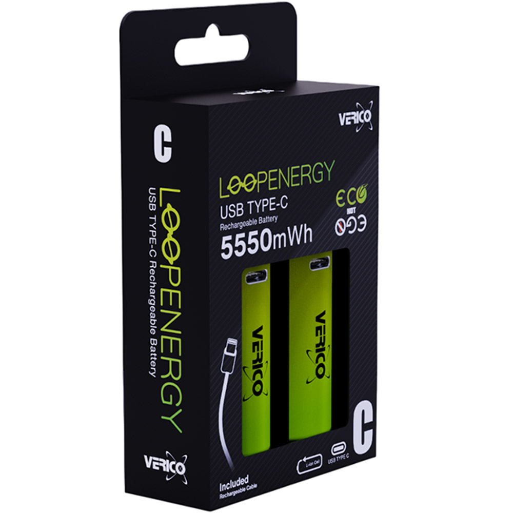 Акумуляторна батарея VERICO Loop Energy C/R14 USB Type-C/3700mAh/5550mWh-1.5V Li-ion 2шт (75771) Ємність 3700