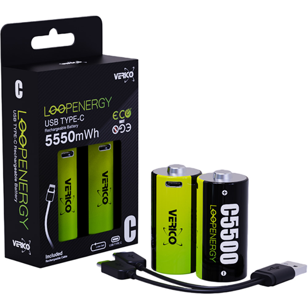 Акумуляторна батарея VERICO Loop Energy C/R14 USB Type-C/3700mAh/5550mWh-1.5V Li-ion 2шт (75771) Розмір батареї циліндр C (R14,343)