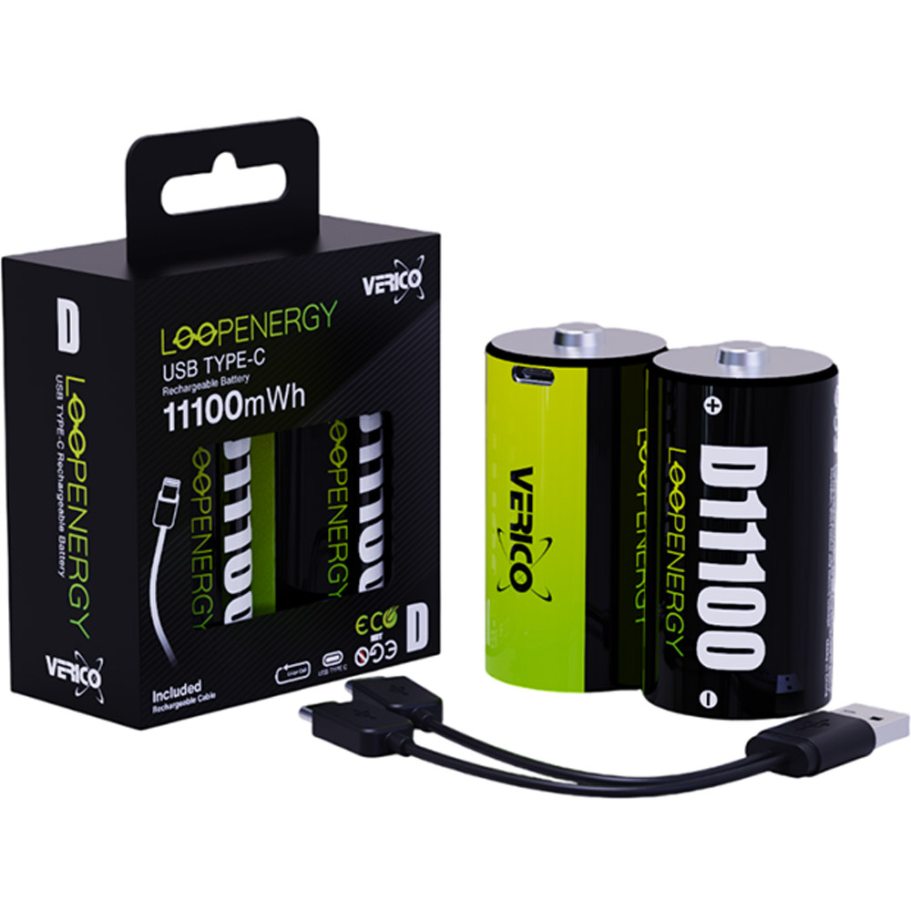 Акумуляторна батарея VERICO Loop Energy D/R20 USB Type-C/7400mAh/11100mWh-1.5V/Li-ion 2шт (75772) Ємність 7400