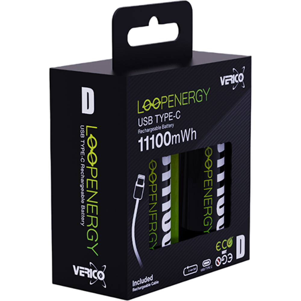 Акумуляторна батарея VERICO Loop Energy D/R20 USB Type-C/7400mAh/11100mWh-1.5V/Li-ion 2шт (75772) Вольтаж 1.5