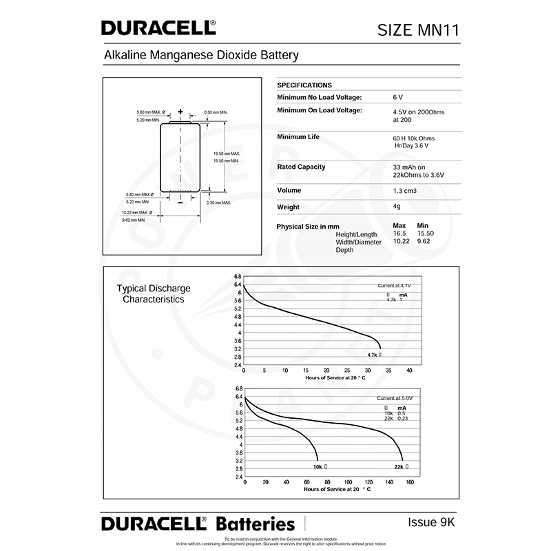 Батарейка DURACELL MN11 A11/11A 1 шт Розмір батареї циліндр A11